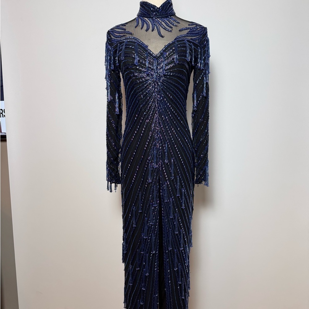 Vintage Lillie Rubin Embellished Cobalt Blue Silk Gown Size 4 - Picture 4 of 16